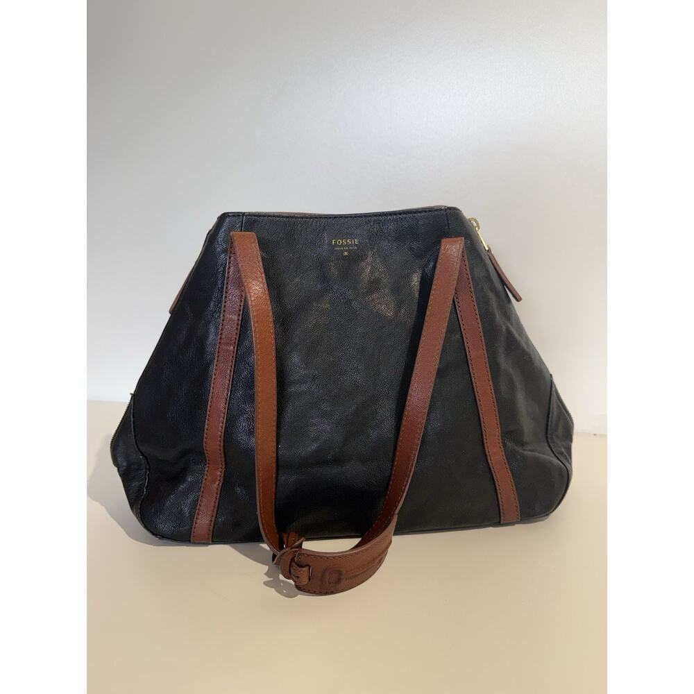 Fossil Issue No 1954 Black Leather Tote Bag Brown Straps Side Zippers Expandable